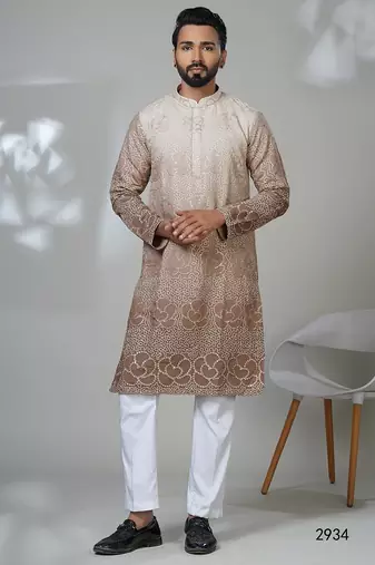 Aesthetic beige shaded embroidery kurta for men | premium designer men's kurta
