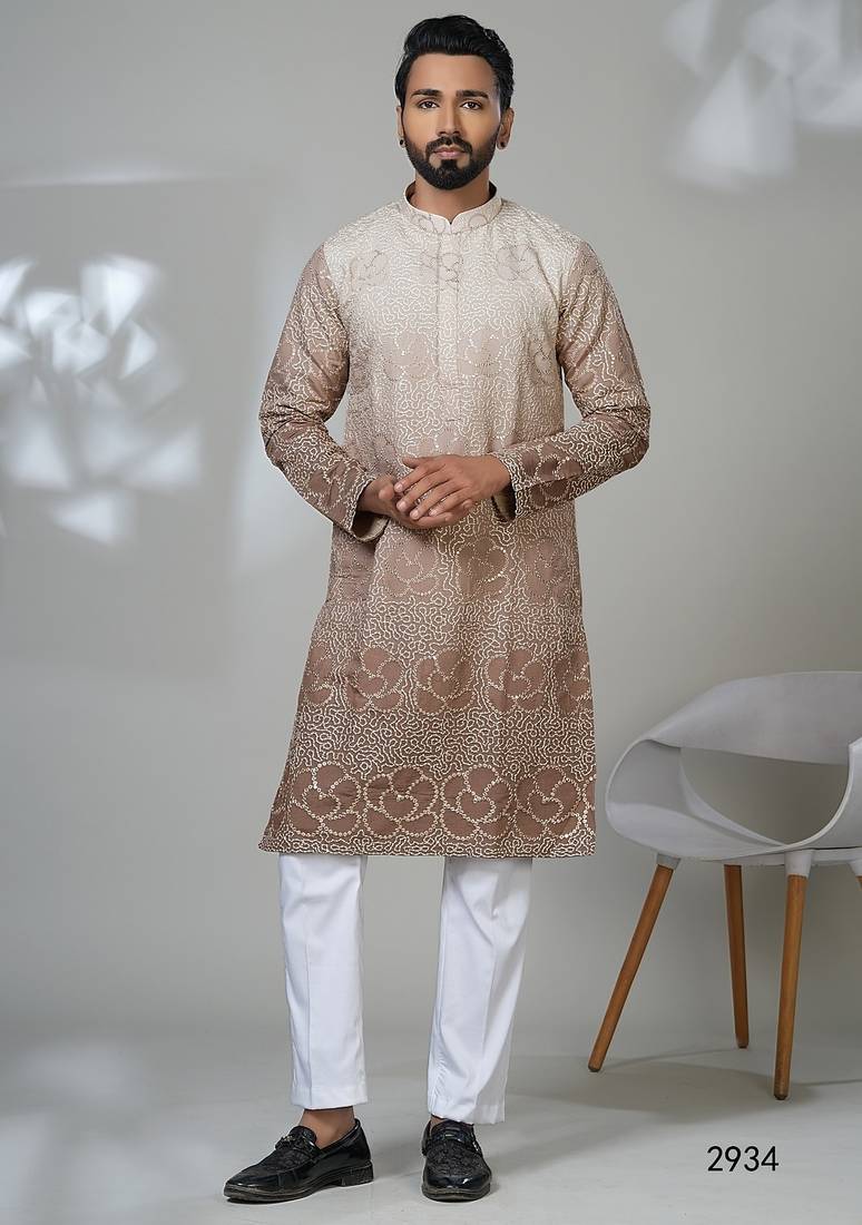 Aesthetic beige shaded embroidery kurta for men | premium designer men's kurta