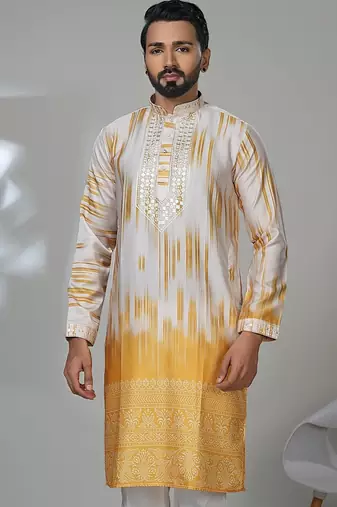 Aesthetic yellow color neck embroidery kurta for men | premium designer men's kurta