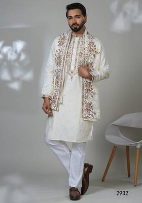 White multicolor neck embroidery kurta  with dupatta for men 1