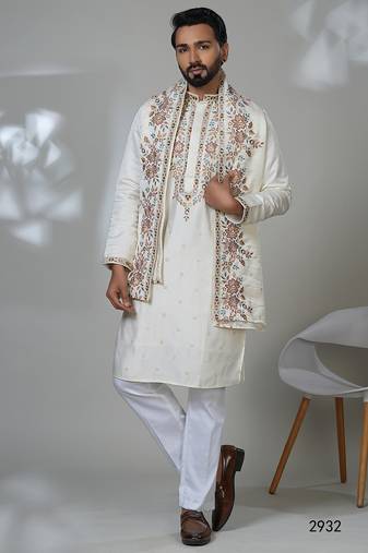 White multicolor neck embroidery kurta  with dupatta for men | premium designer men's kurta