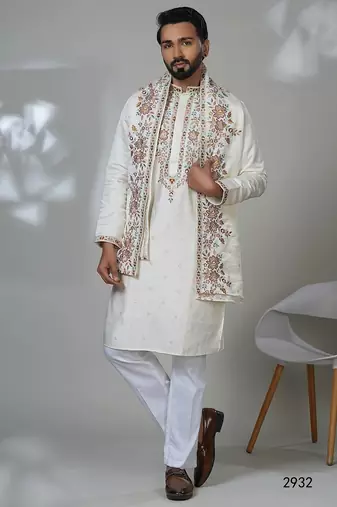 White multicolor neck embroidery kurta  with dupatta for men | premium designer men's kurta