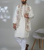 White multicolor neck embroidery kurta  with dupatta for men | premium designer men's kurta