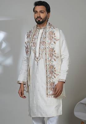 White multicolor neck embroidery kurta  with dupatta for men 2