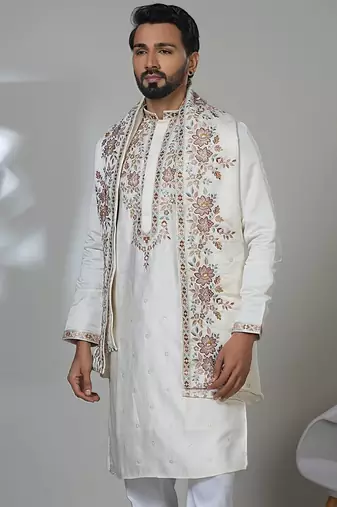White multicolor neck embroidery kurta  with dupatta for men | premium designer men's kurta