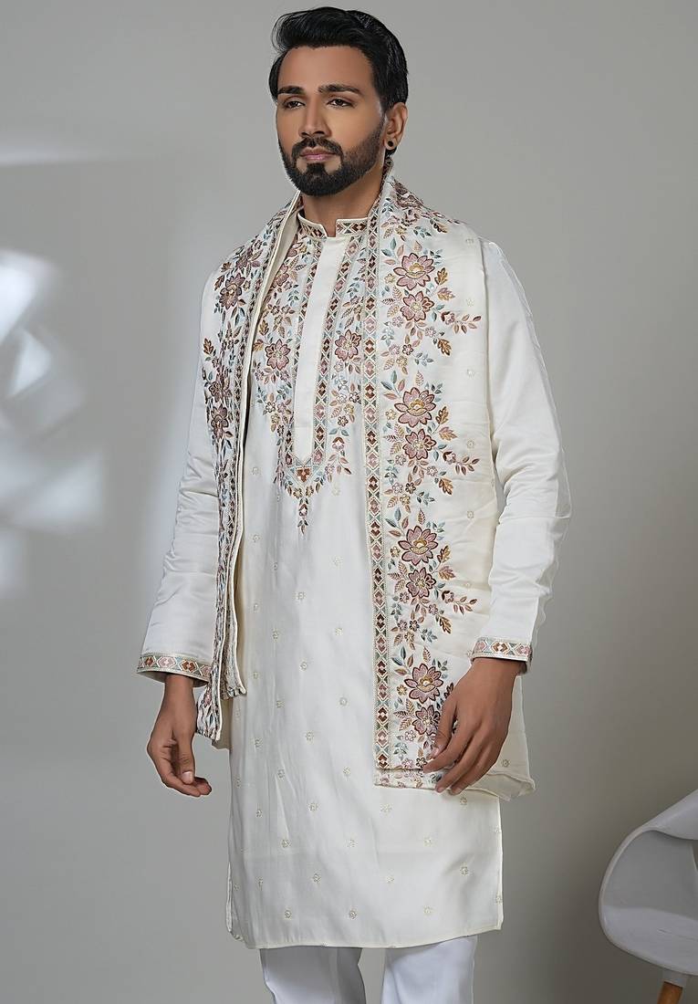 White multicolor neck embroidery kurta  with dupatta for men | premium designer men's kurta