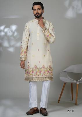 Aesthetic beige cream daman embroidery kurta for men | premium designer men's kurta 1
