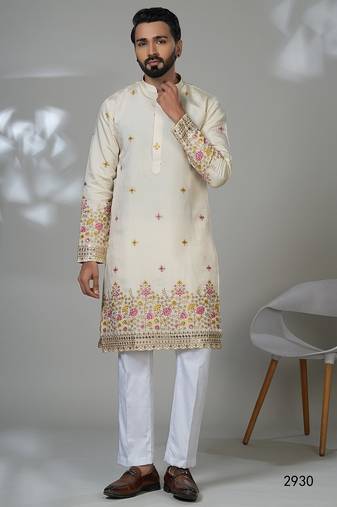 Aesthetic beige cream daman embroidery kurta for men | premium designer men's kurta