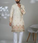 Aesthetic beige cream daman embroidery kurta for men | premium designer men's kurta