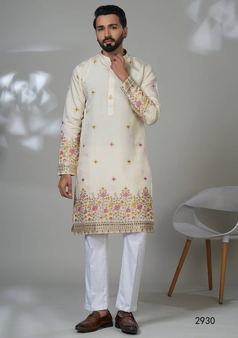 Aesthetic beige cream daman embroidery kurta for men | premium designer men's kurta