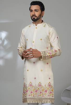Aesthetic beige cream daman embroidery kurta for men | premium designer men's kurta 2