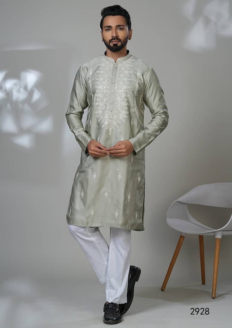 Aesthetic light pista embroidery kurta for men | premium designer men's kurta