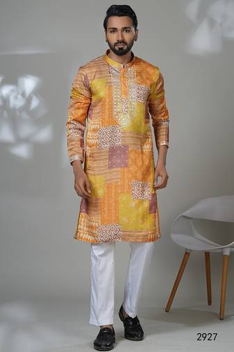 Aesthetic yellow color neck embroidery kurta for men | premium designer men's kurta