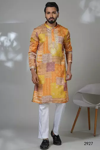 Aesthetic yellow color neck embroidery kurta for men | premium designer men's kurta