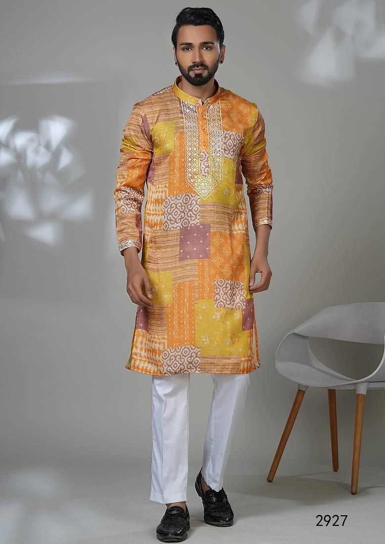Aesthetic yellow color neck embroidery kurta for men | premium designer men's kurta