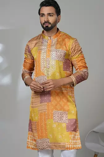 Aesthetic yellow color neck embroidery kurta for men | premium designer men's kurta