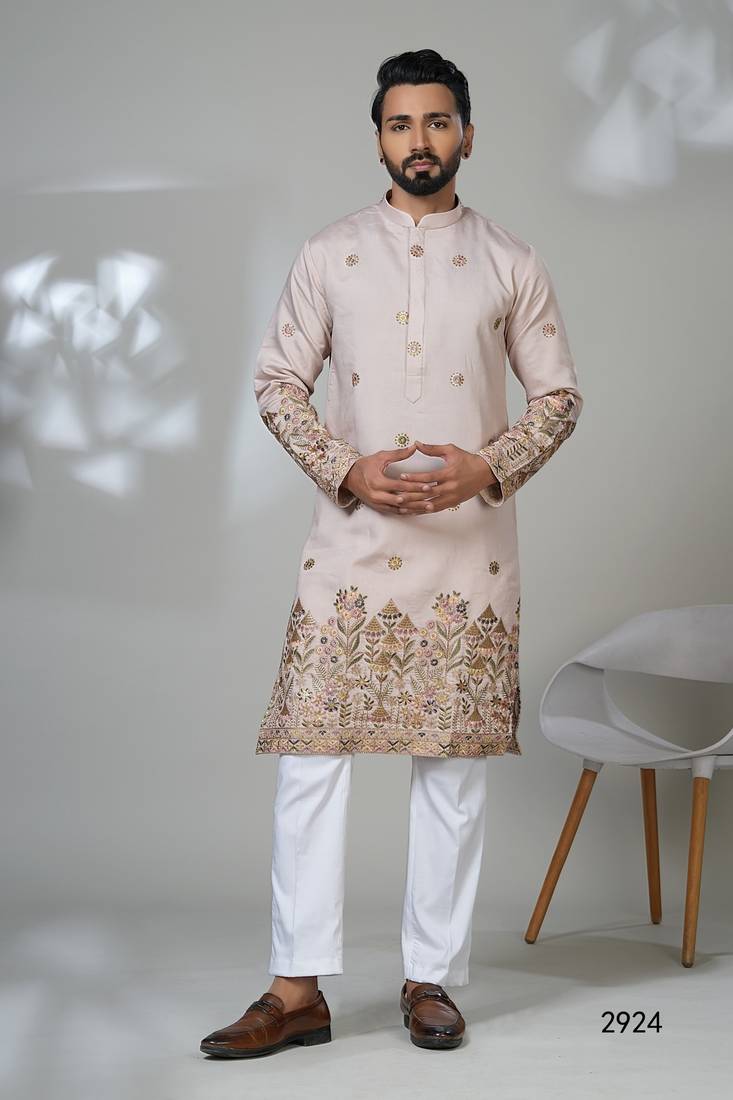 Aesthetic pitch color embroidery kurta for men | premium designer men's kurta