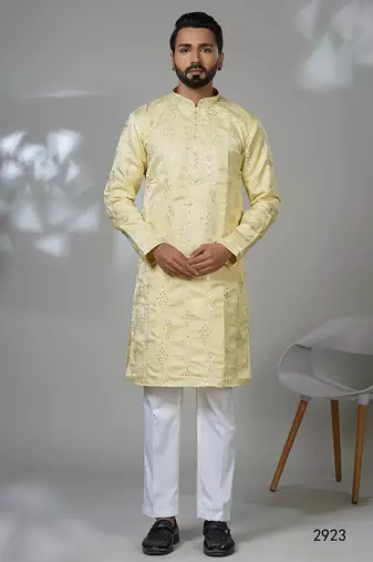 Aesthetic yellow embroidery kurta for men | premium designer men's kurta