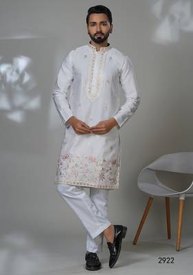 Aesthetic white neck embroidery kurta for men | premium designer men's kurta 1