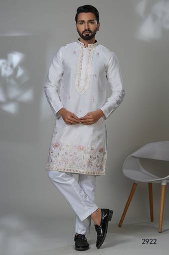 Aesthetic white neck embroidery kurta for men | premium designer men's kurta