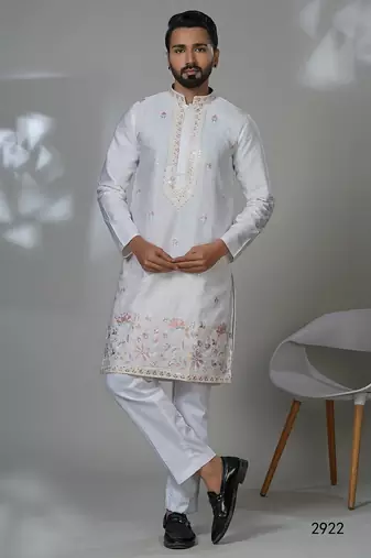 Aesthetic white neck embroidery kurta for men | premium designer men's kurta