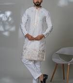 Aesthetic white neck embroidery kurta for men | premium designer men's kurta