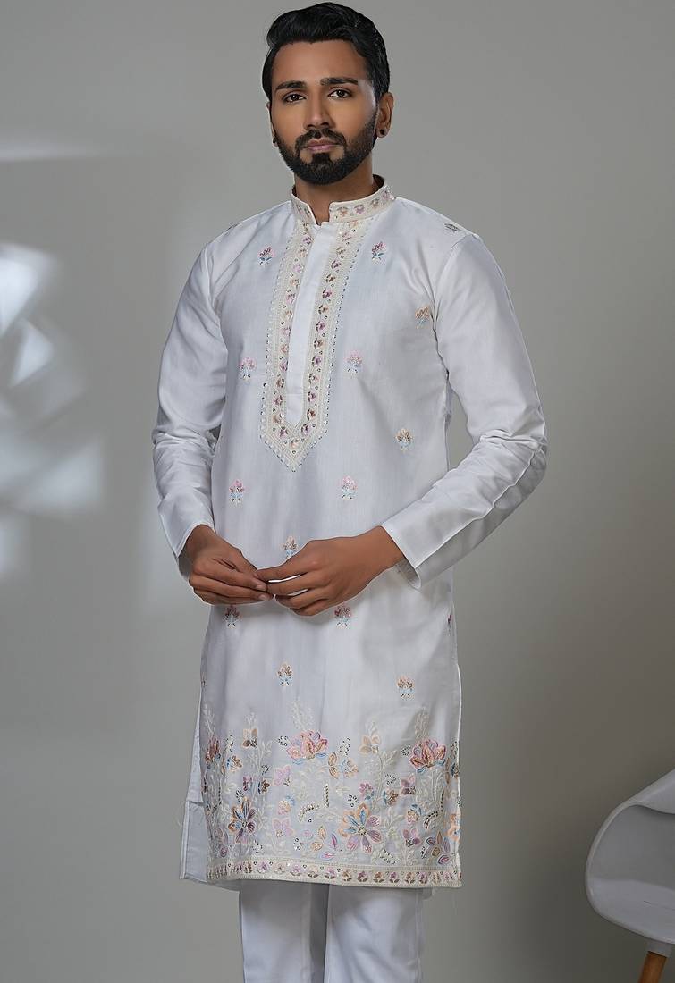 Aesthetic white neck embroidery kurta for men | premium designer men's kurta