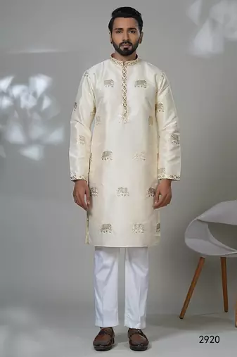 Aesthetic cream elephant embroidery kurta for men | premium designer men's kurta
