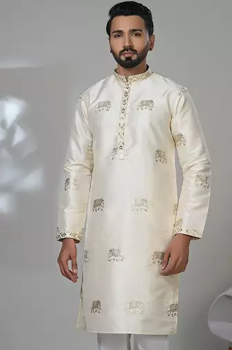 Aesthetic cream elephant embroidery kurta for men | premium designer men's kurta