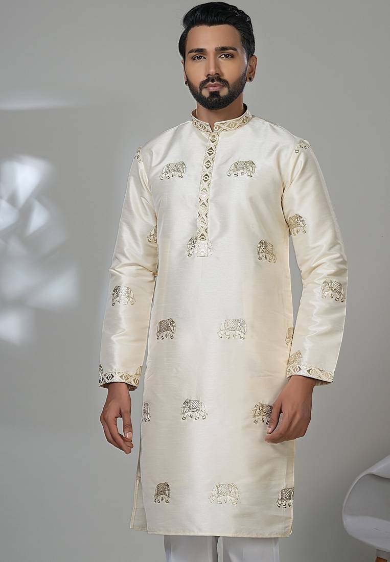 Aesthetic cream elephant embroidery kurta for men | premium designer men's kurta