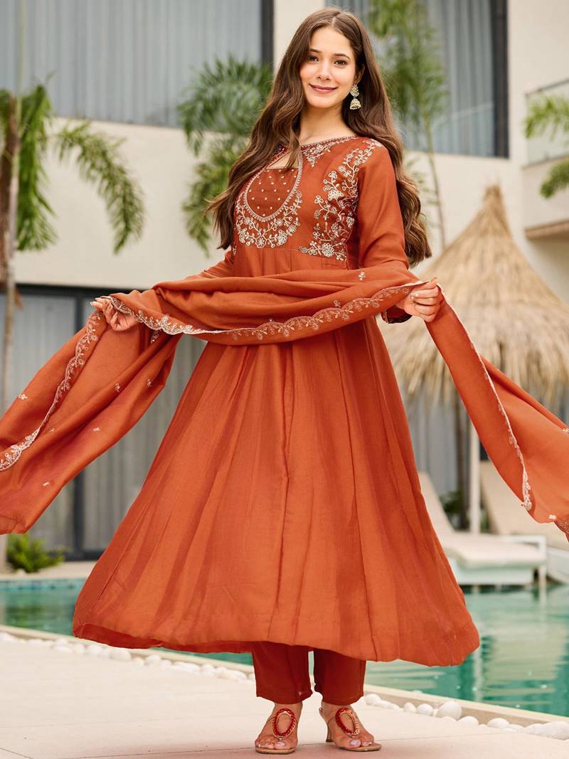 Elegant rust orange vichitra embroidered anarkali kurti set