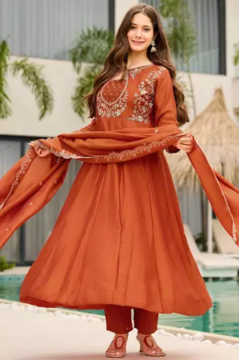 Elegant rust orange vichitra embroidered anarkali kurti set