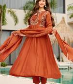 Elegant rust orange vichitra embroidered anarkali kurti set