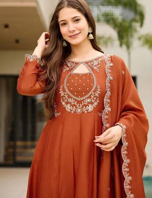 Elegant rust orange vichitra embroidered anarkali kurti set 2