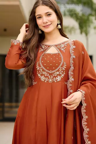 Elegant rust orange vichitra embroidered anarkali kurti set