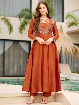 Elegant rust orange vichitra embroidered anarkali kurti set 3