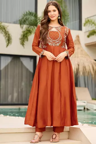 Elegant rust orange vichitra embroidered anarkali kurti set
