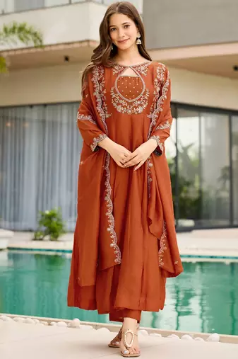Elegant rust orange vichitra embroidered anarkali kurti set