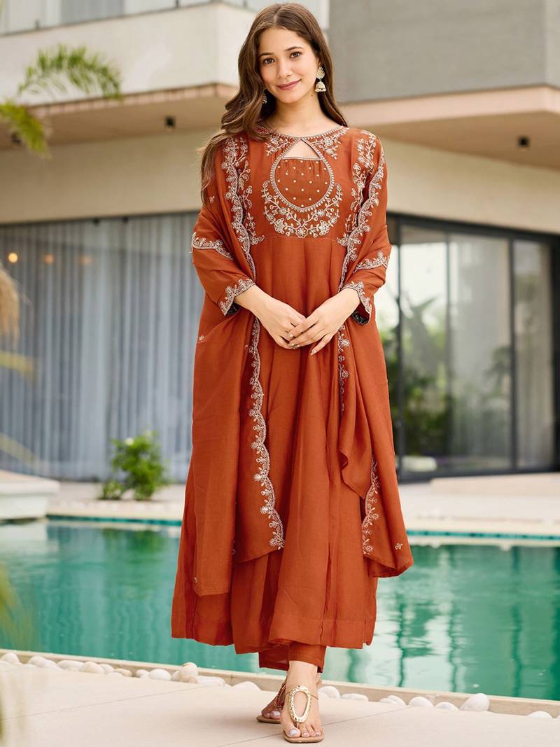 Elegant rust orange vichitra embroidered anarkali kurti set