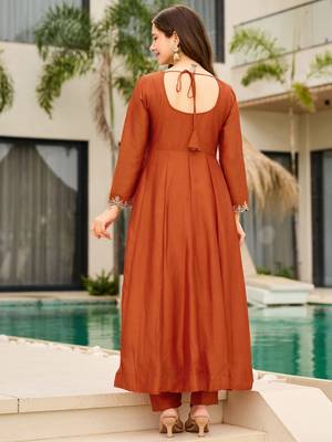 Elegant rust orange vichitra embroidered anarkali kurti set 5