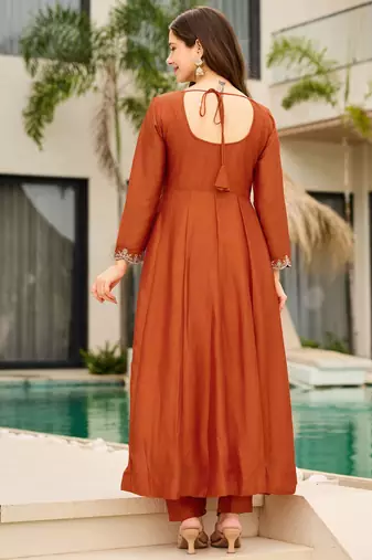 Elegant rust orange vichitra embroidered anarkali kurti set
