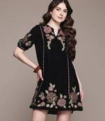 Black embroidered velvet short dress