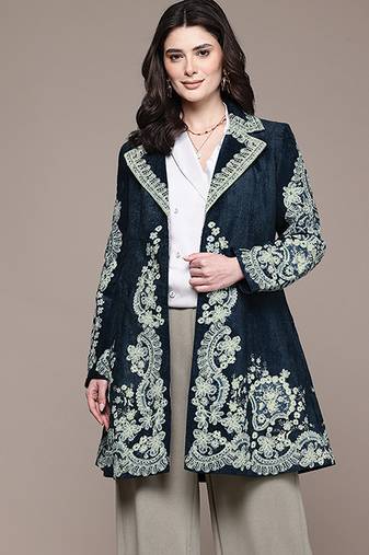 Navy blue embroidered velvet jacket