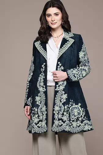Navy blue embroidered velvet jacket