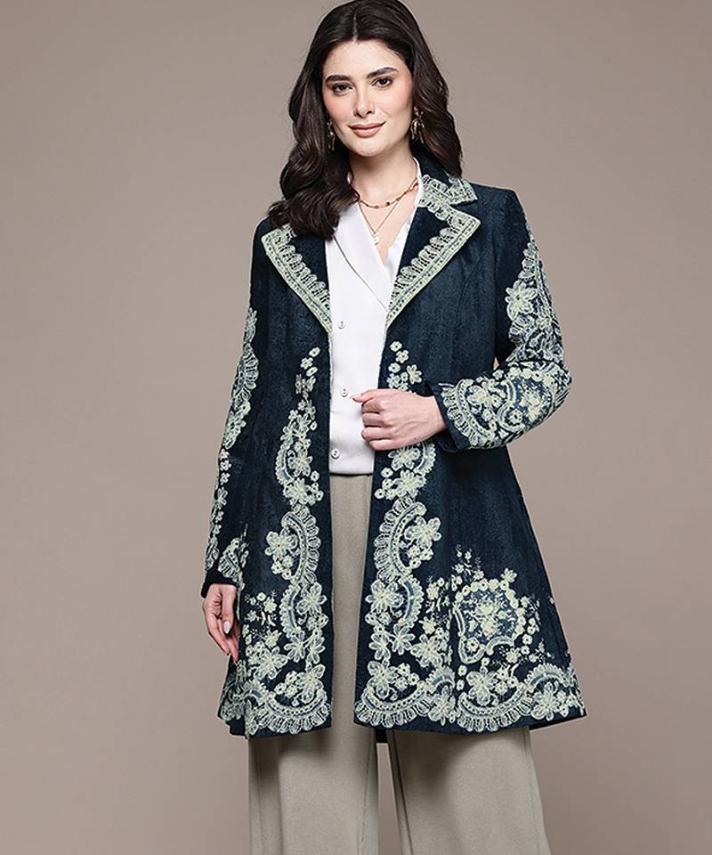 Navy blue embroidered velvet jacket