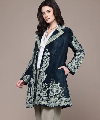 Navy blue embroidered velvet jacket 2