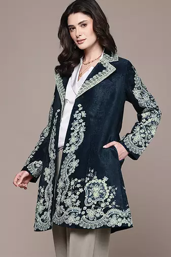Navy blue embroidered velvet jacket