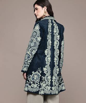 Navy blue embroidered velvet jacket 3