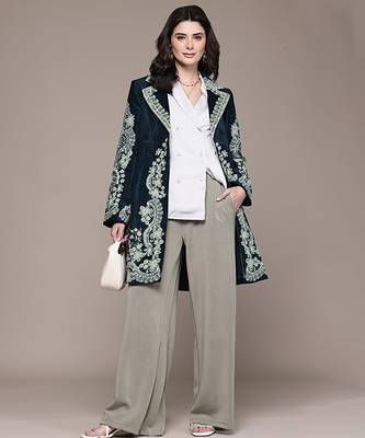 Navy blue embroidered velvet jacket 4