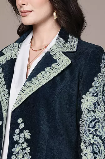 Navy blue embroidered velvet jacket